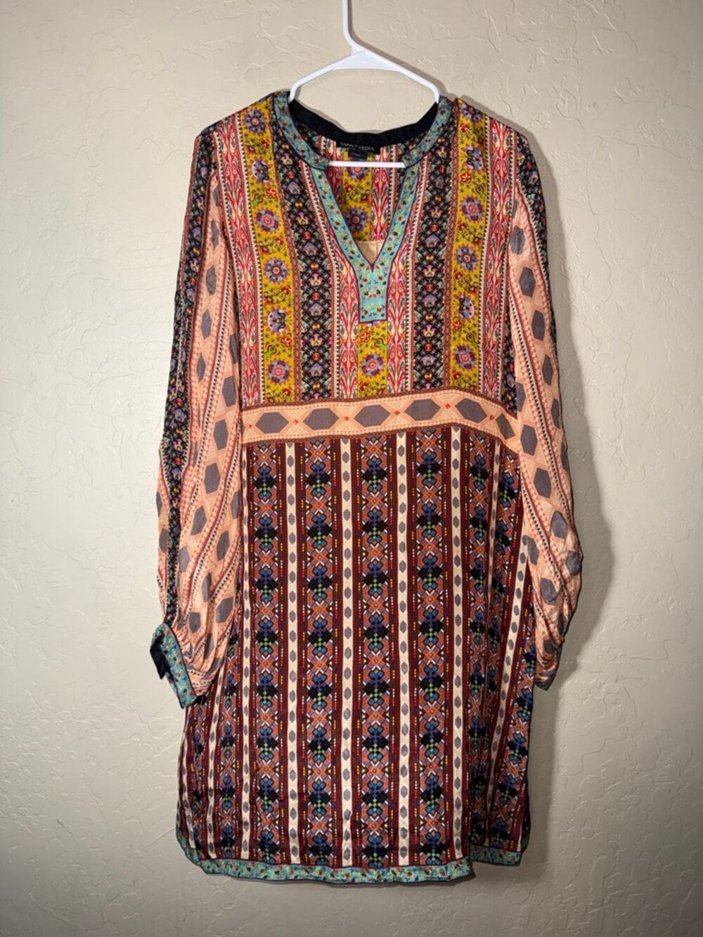 Anthropologie Tanvi Kedia boho long sleeve abstract mixed media tunic dress